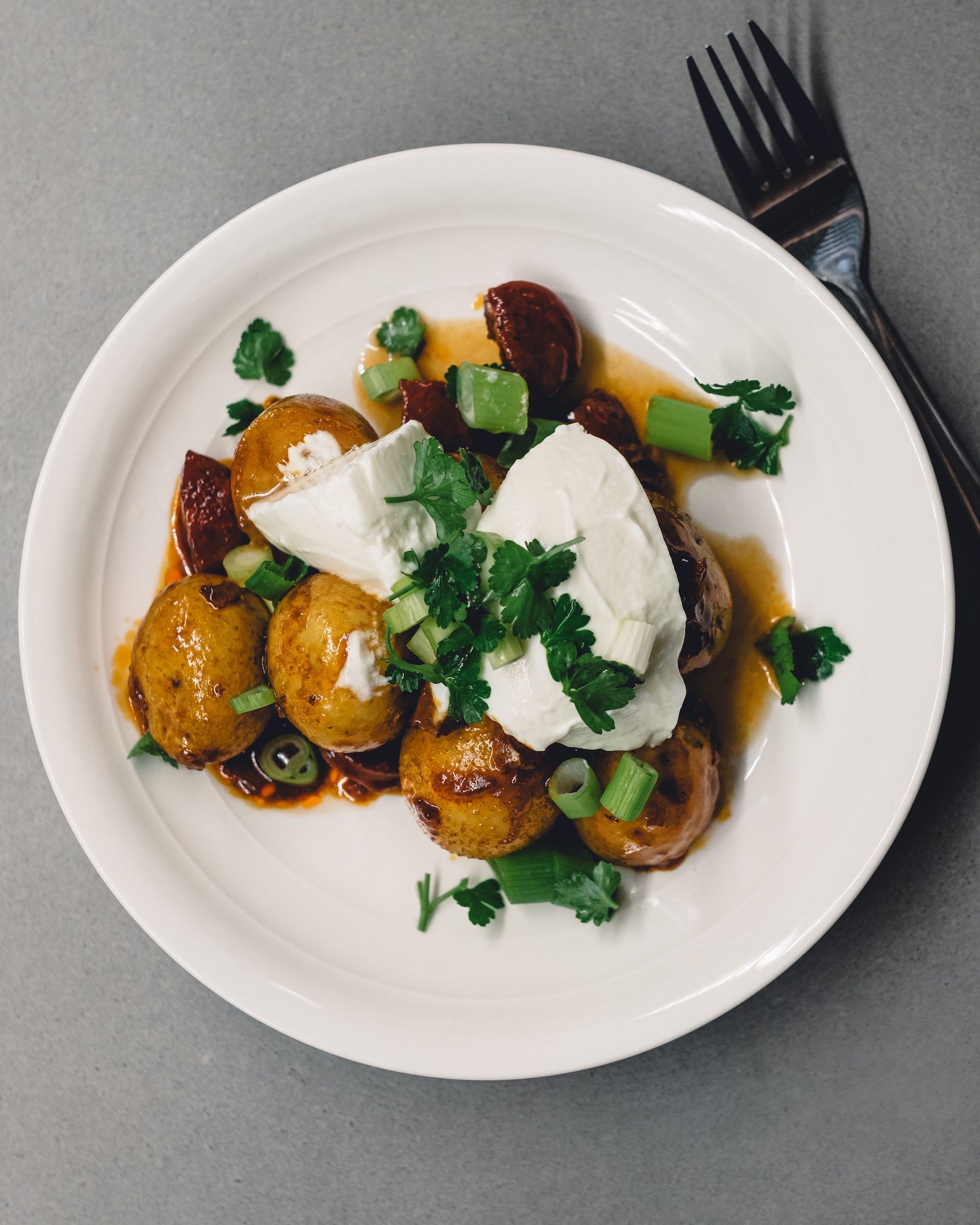 Balsamic-glazed new potatoes with chorizo